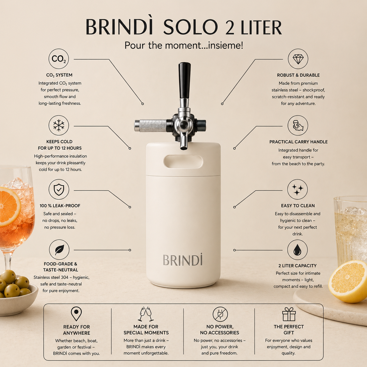 BRINDÌ Solo (2L) Mini Keg, Lino - Easy Sunday (cremeweiß)